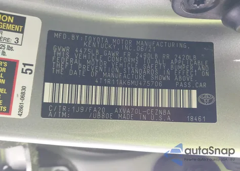 2021 Toyota Camry Le from USA, damaged, VIN 4T1R11AK6MU475706